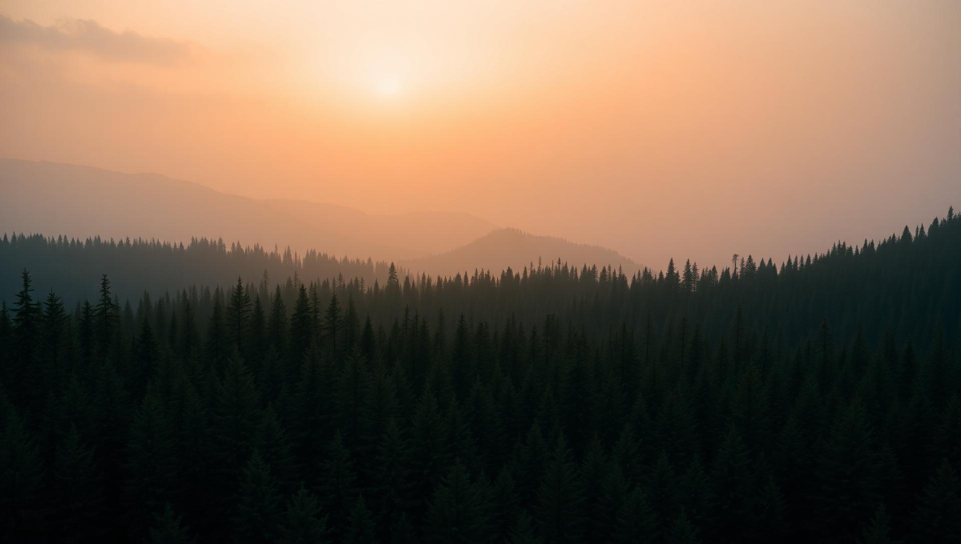 Nebelverhangener Nadelwald bei Sonnenaufgang